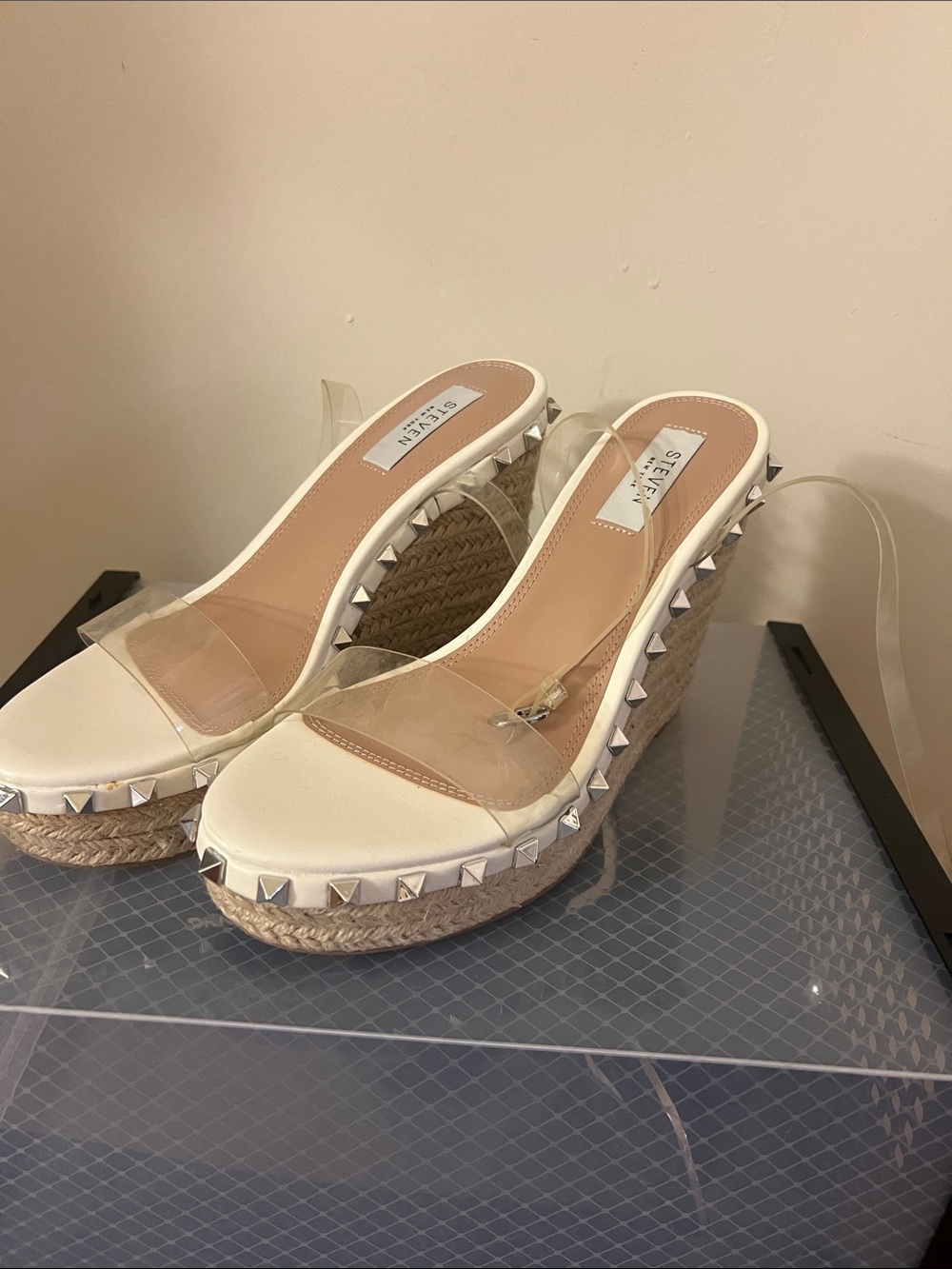Steve Madden White Clear-Strap Espadrille Wedge Sandals with Studs